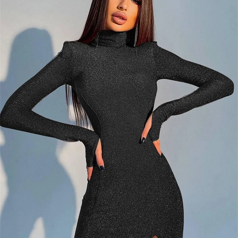 WannaThis Mini Dress Women Fashion Turtleneck Sequin Casual Sexy Side Split Long Sleeve Bodycon Streetwear Party Elegant Dresses 220607