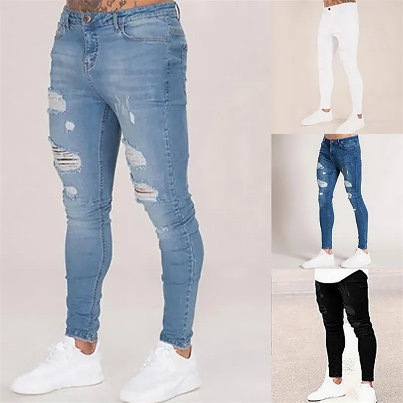 Карандашные брюки Эластичные спортивные штаны Мужчины подходят с твердыми разорванными джинсовыми брюками. Случайные черно -голубые белые разрушенные джинсы штаны 220704