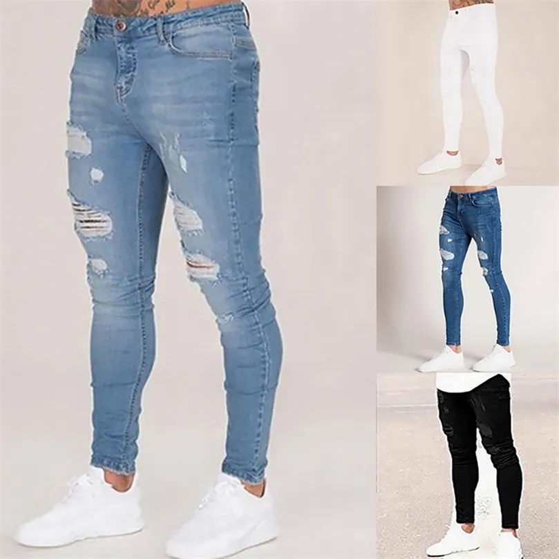 Pencil Pants Elastic Sweatpants Men Fit Solid Ripped Denim Harem Pants Casual Black Blue White Destroyed Jeans Pants 220704