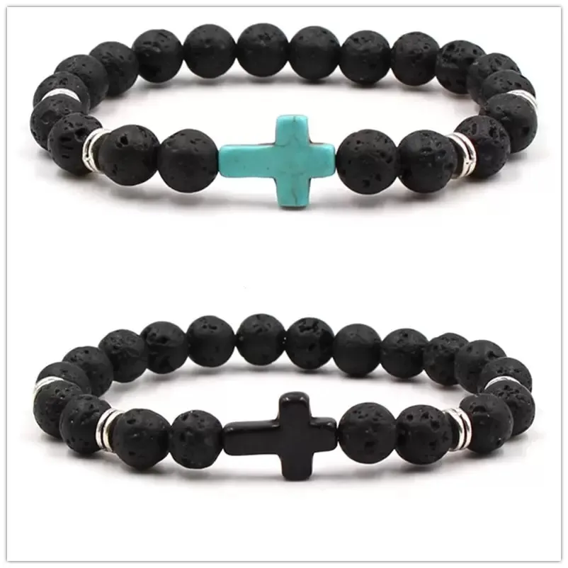 Natürliche schwarze Lava Stein Kreuz elastische Strang Armband Aromatherapie ätherisches Öl Diffusor Armreif für Männer Schmuck