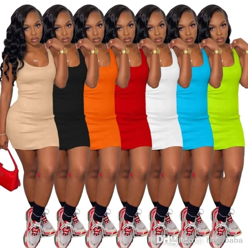 2022 Designer Summer Women Dress Sexig Scoop Neck Slim Fit Hip Wrap Solid Colors Ladies Mini Dresses