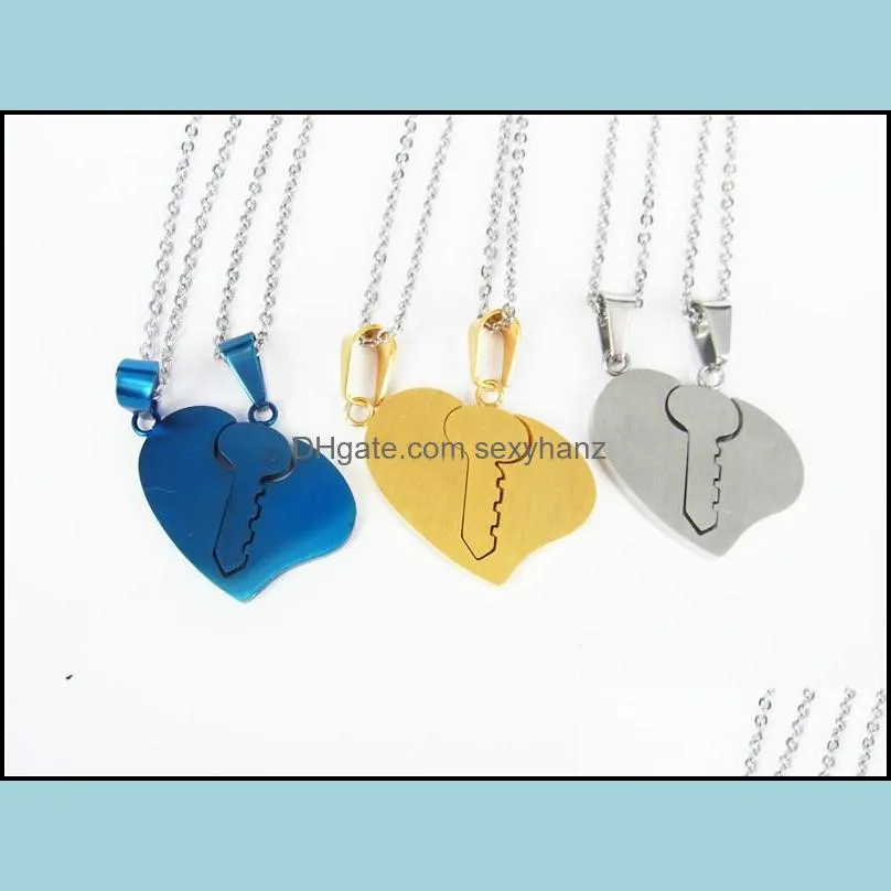 Broken Heart Necklaces Blue Gold Couple Necklace Stainless Steel Engrave Love You Pendants Necklace Valentine`s Day Couples Jewelry