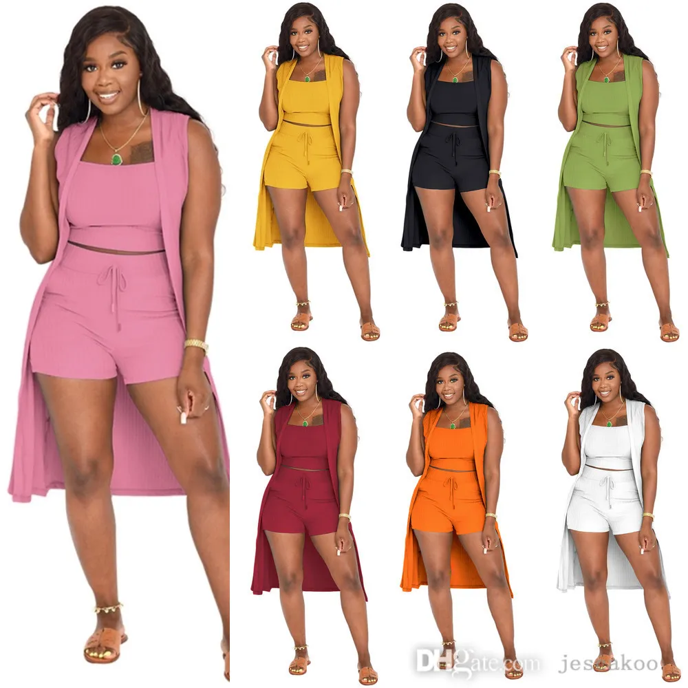 Yeni Kadınlar Tasarımcı Trailtsits Yaz Kaburga Örme Giyim Seksi Üç Parça Set Moda Çukur Strip Kıyafetler 2022