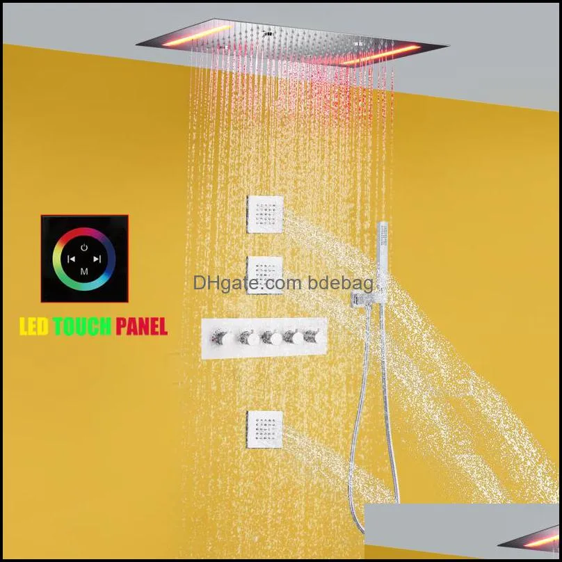 Thermostatic Set 14 X 20 Inch Rectangle Large Stainless Steel Bathroom Shower Head Atomizing Rain & LED Panel Chrome Brass Message Sprayer Body