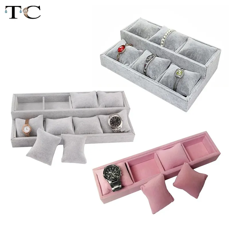 Titta på Tray Armband Display Organizer Watches Stand Jewely Pillow Holder 4 8 12 Grids 220617