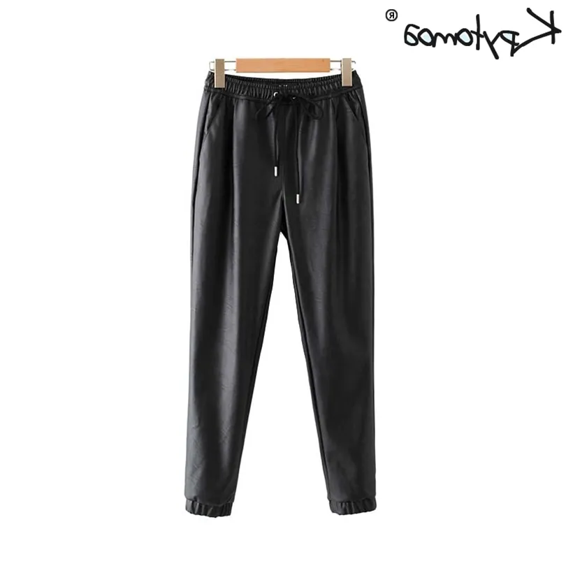 Elegantes bolsillos de cuero Pu Vintage Pantalones Mujer 2020 moda cintura elástica cordón lazo tobillo Pantalones Mujer T200324