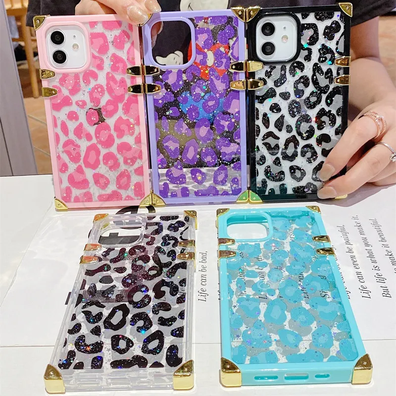 Metal Square Telefle Case Lopard Designer Tylna okładka Clear Plaid Lady Protector Case na iPhone 13 13pro Max 12 12pro 11 11pro X XS XR 7 7p 8 8 8 Plus