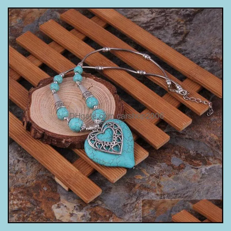 women`s double-layer love heart tibetan silver turquoise pendant necklaces fashion gift national style women diy necklace pendants