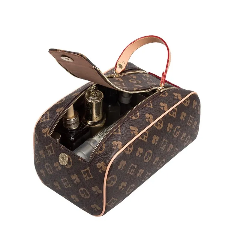 Black Plaid PU Leather Travel Toiletry Bag for Men and Women Large Capacity Cosmetic Bag with Zipper Closure