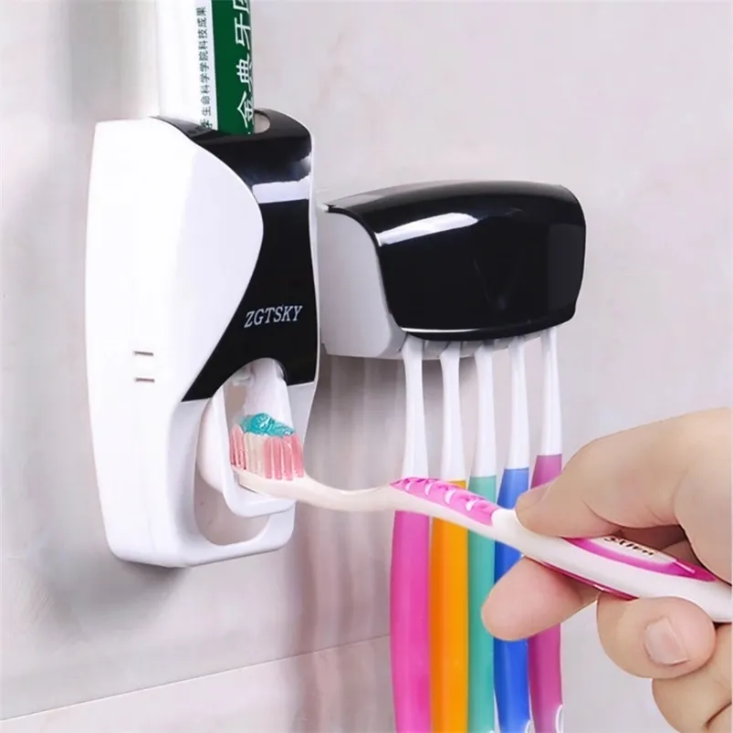 Automatic Toothpaste Dispenser Dustproof Toothbrush Holder Wall Mount Storage Rack Bathroom Accessories Set Squeezer 220614