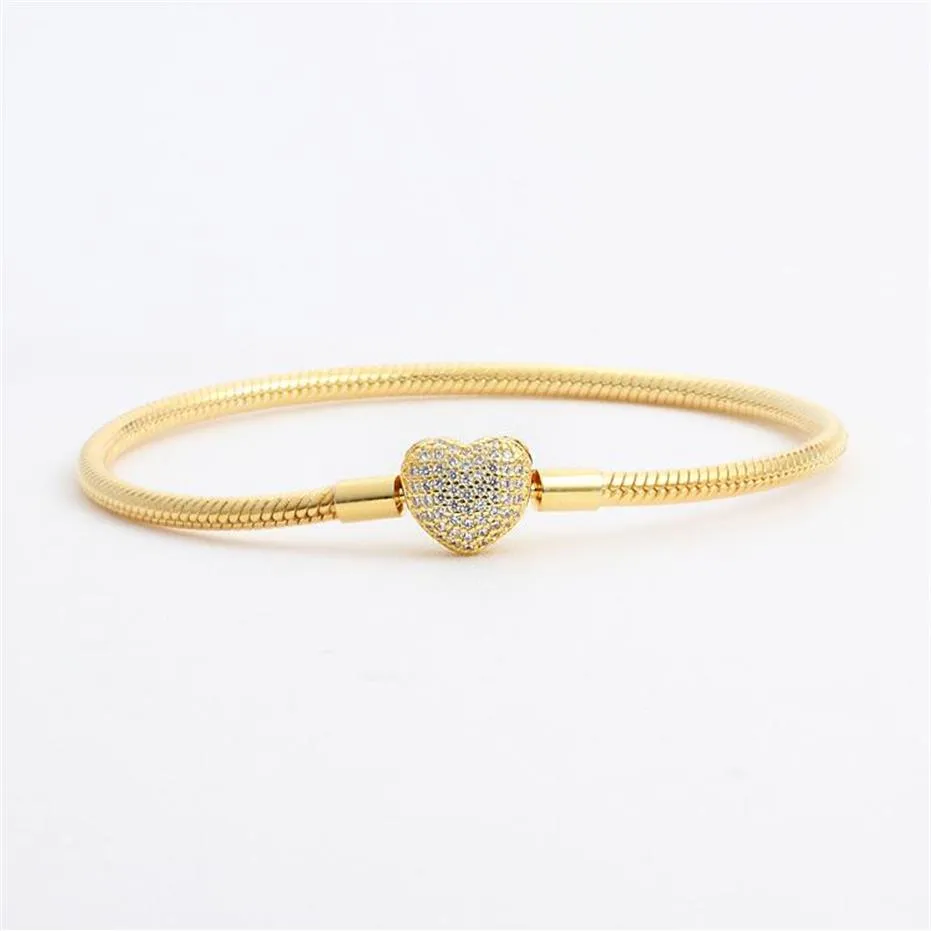 18k gult guldpläterat cz diamanthjärta armband originallåda uppsättning för pandora 925 silver ormkedja armband för kvinnor bröllop j229x