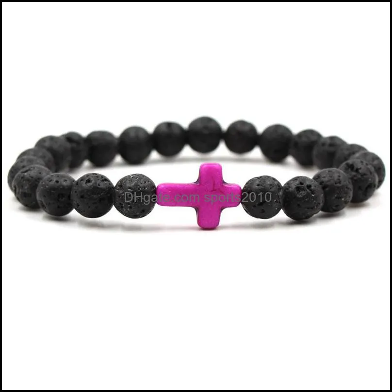 8mm black lava stone beads cross elastic strand bracelet bangle for women men jewelry sports2010