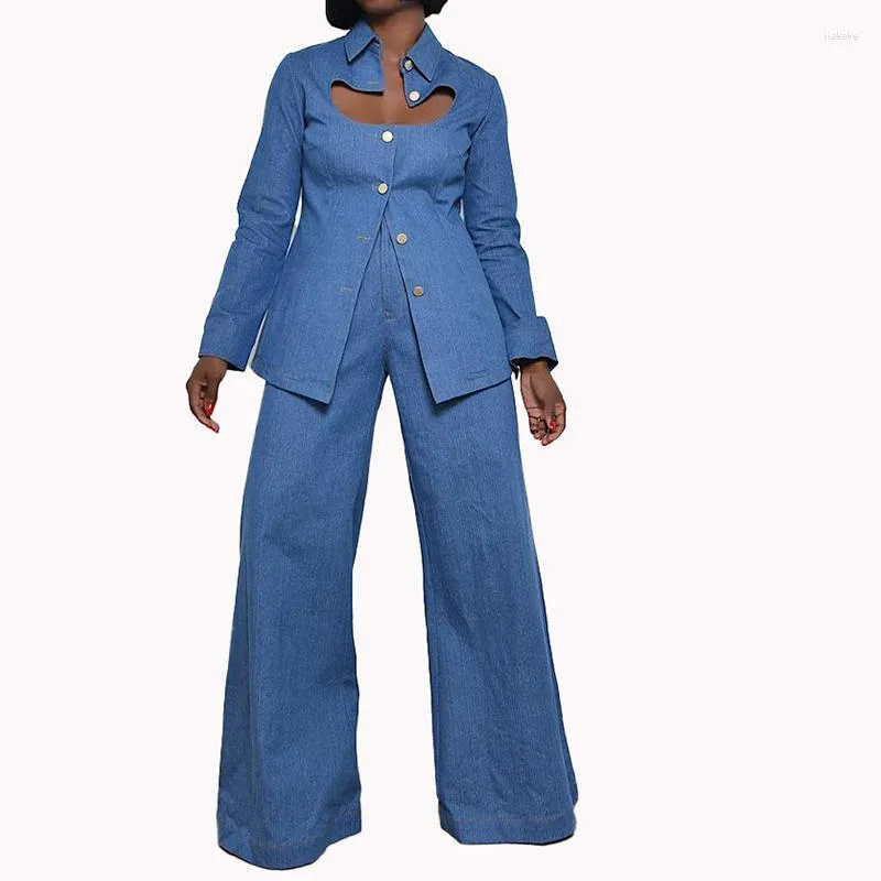 Женские штаны с двумя частями Женщины весенняя осень 2 % имитация джинсовой ткани наборы повседневной односменной лацка