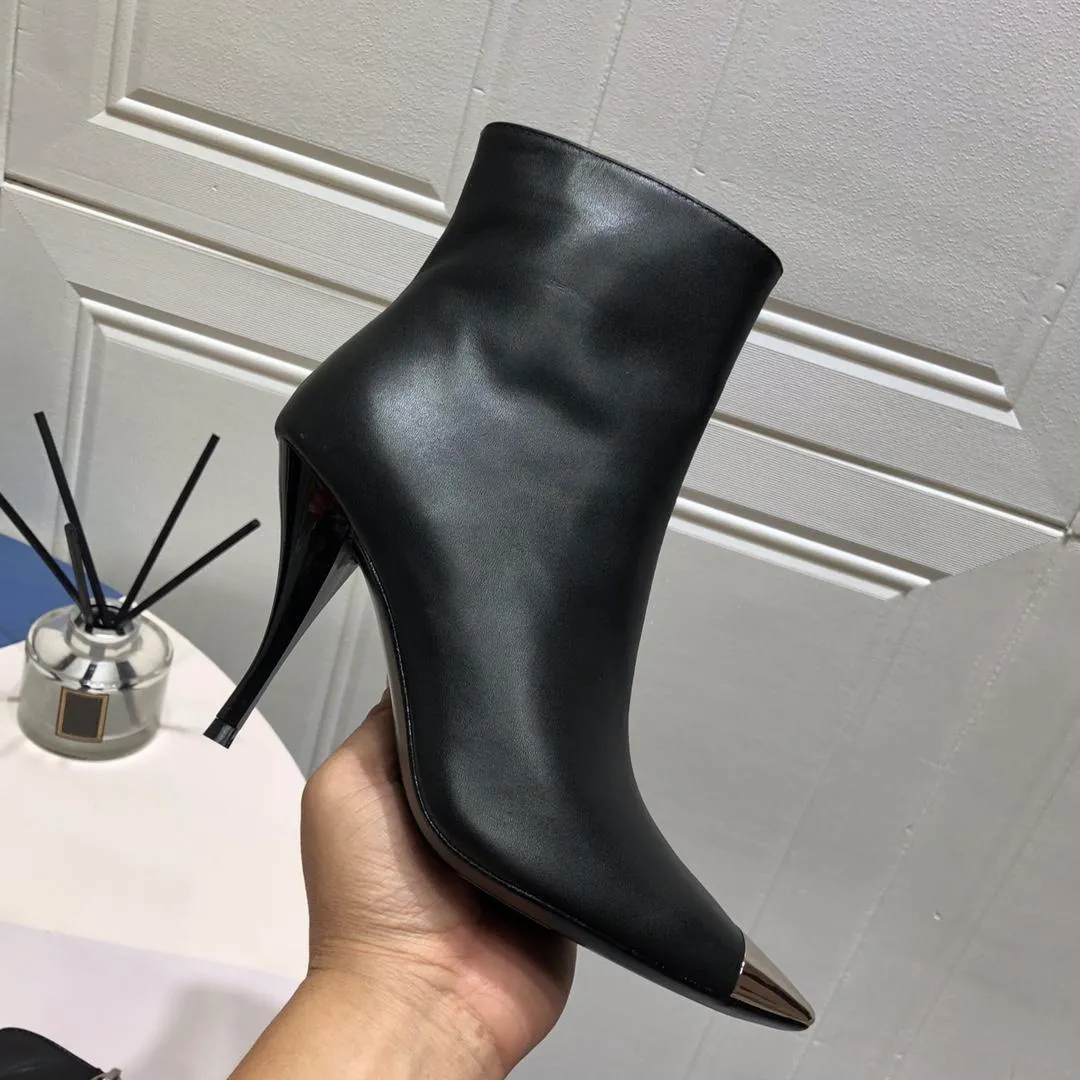 autumn winter zipper heeled heel boots fashion sexy 100% leather black woman boot pointed Metal women designer shoes lady Thin heel heels Large size 35-41 Top quality