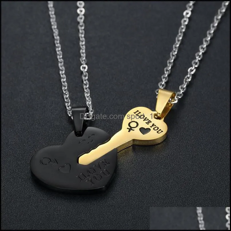 personality romantic couple jewelry iloveyou creative heartshaped key pendant necklace stainless steel accessories couple fashion