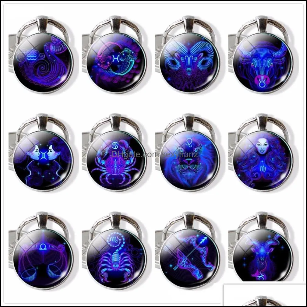 Keychains Fashion Accessories 12 Constellation Leo Virgo Key Chains Glass Cabochon Pendant Zodiac Sign Rings Bag Birthday Rings Drop Delivery