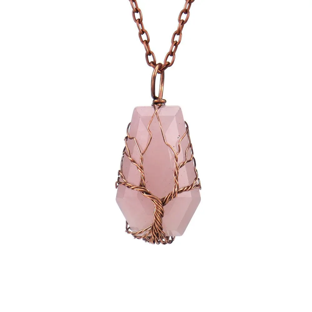 Fil Enroulé Cercueil Fortune Arbre De Vie Pendentif Collier Pierre Naturelle Rose Quartz Guérison Cristal Oeil De Tigre Améthyste Colliers Femmes Bijoux