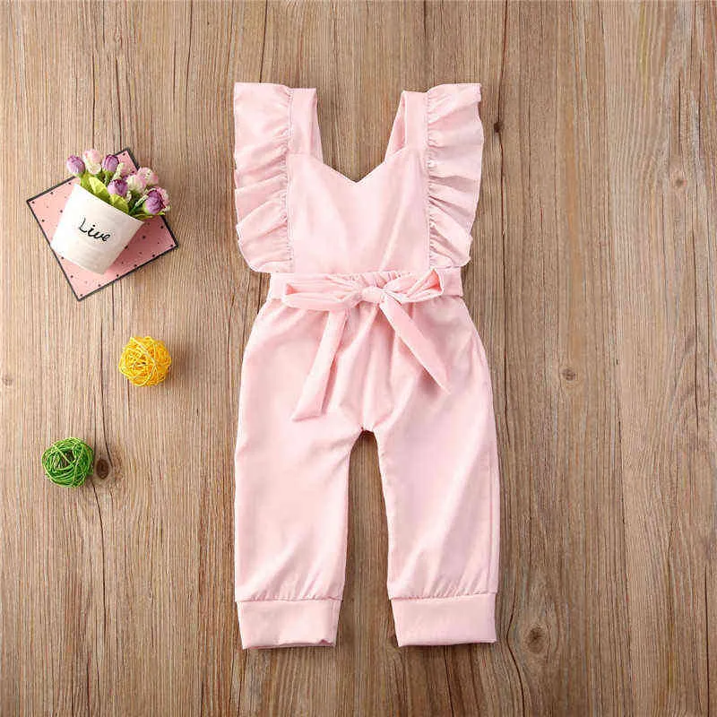 Ny mode sommarflickor Rompers kläder Lossa ärmlös rygglös Romper Casual Solid Pink Lace Jumpsuit G220521