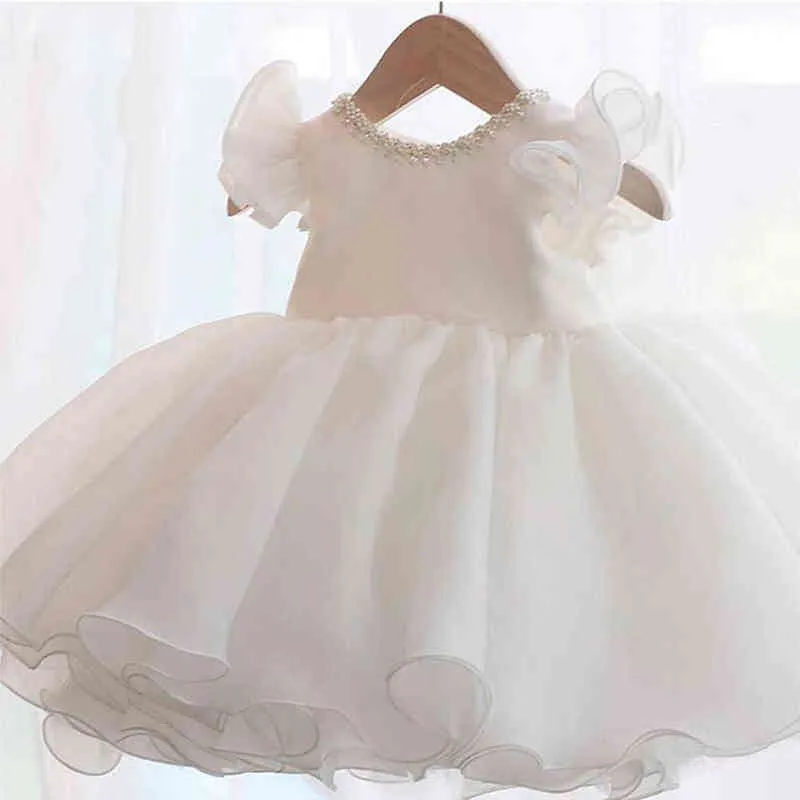 Summer Bow White Dopklänning 1 år födelsedagsklänning för babyflicka kläder rosa fest bröllop pärlor prinsessan klänning barn kläder y220510