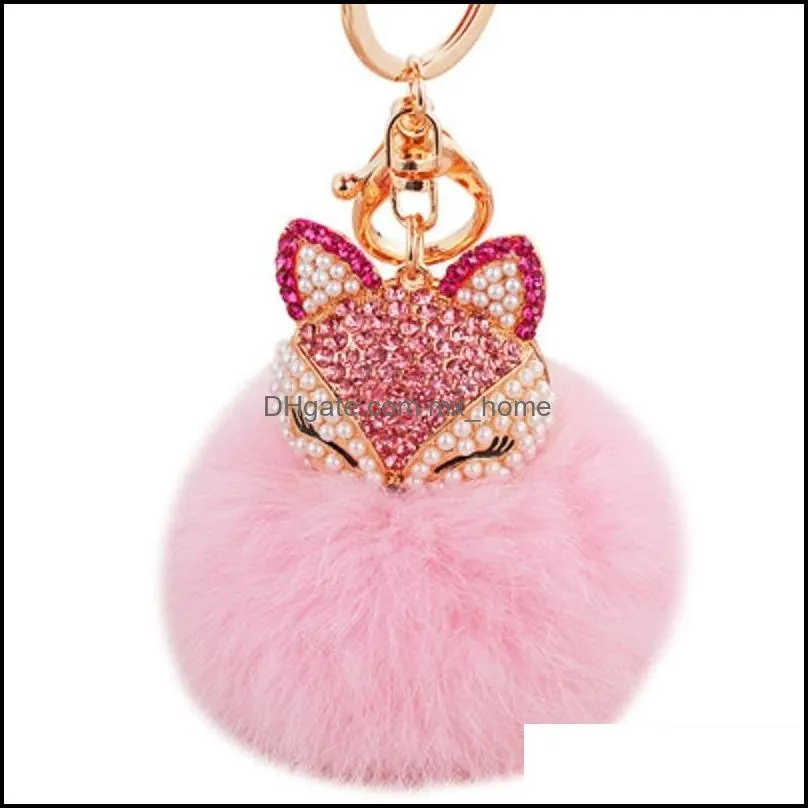 Creative diamond-studded fox head rabbit fur ball alloy keychain fashion bag ornaments metal pendant party gifts 2020 new fasion
