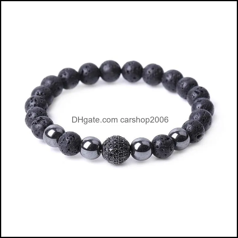 Pulseras con dijes Micro Pave Cz Disco Ball Bead Black Lava Stone Pulsera Mujeres Hombres Yoga Cadena de mano Joyería Amistad Gi Dhseller2010 Dhyrq