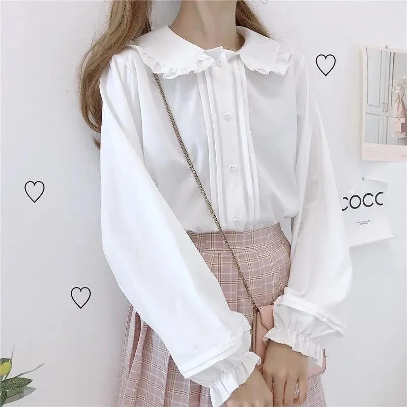 Blouses Femmes Chemises Printemps Automne Japonais Doux Blanc Noir Lolita Chemise Femmes Vintage Collier De Poupée JK Uniforme À Manches Longues Dames Fille