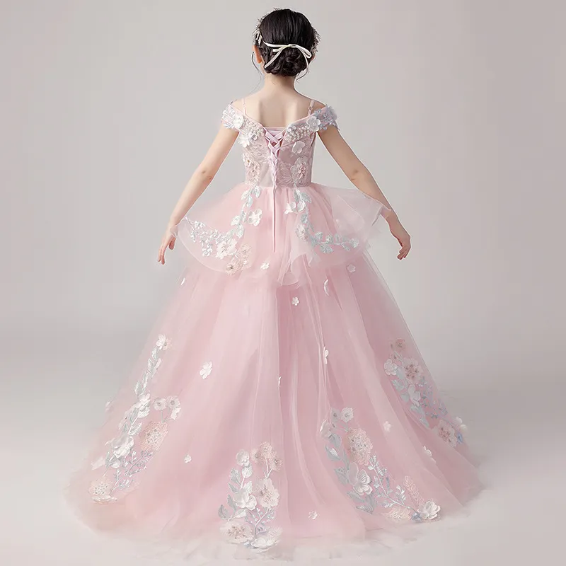Luxueuse robe de fille de fleur longue traîne avec noeud perle fleurs 3D appliques robe de bal robe de concours princesse sainte première communion p212H