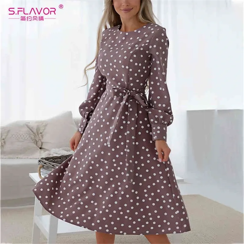 S Flavor Women Vintage O Sece Drow Fring Casual Polka Dot Print A Line Vestidos Spring Summer Fashion Long Dlise Mid Dress 210322