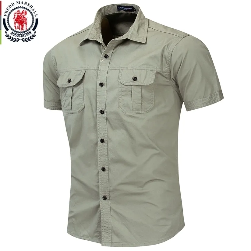 Fredd Marshall Mens Militärskjorta Män Kortärmad Cargo S 100% bomull Casual Solid Male Pocket Work 55889 220330