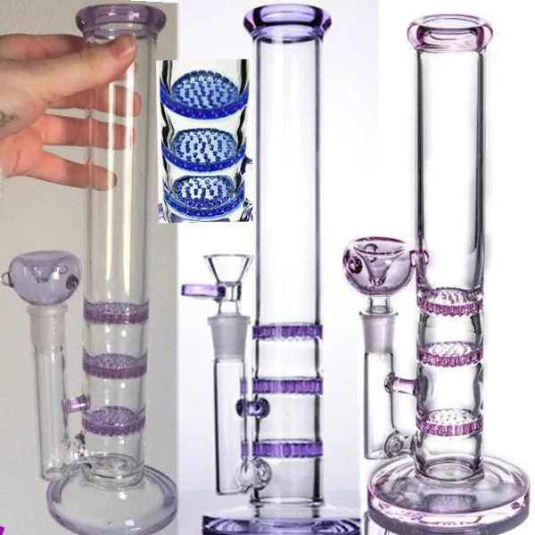 Purple Pink Blue Straight Smoking Hookah Bongs with Three Layers Fliter Black Green Dab Rig Smoking Bubbler 14MM Joint Recycler Water Pipe