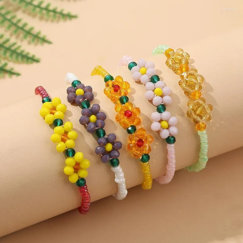 Beaded Strands Korean Söta blommor Daisy Armband Transparent färgglada handgjorda elastiska armband för kvinnor smycken Kent22