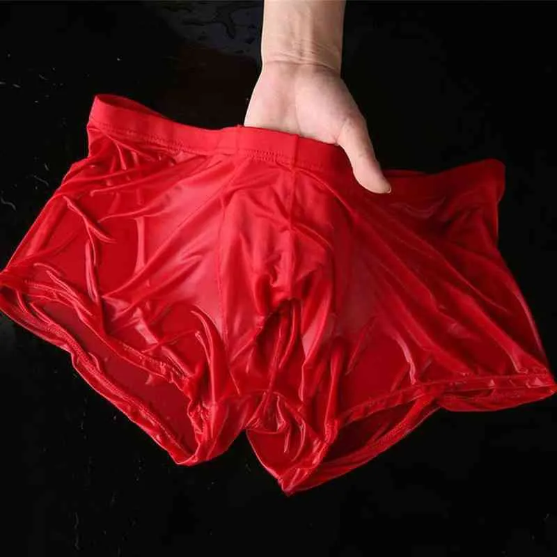 Men Wet Seductive Sexy Boxer Briefs Thin Transparent Underwear Shorts Trunks Seamless Silk Antibacterial Boxers Homme 2021 Hot G220419