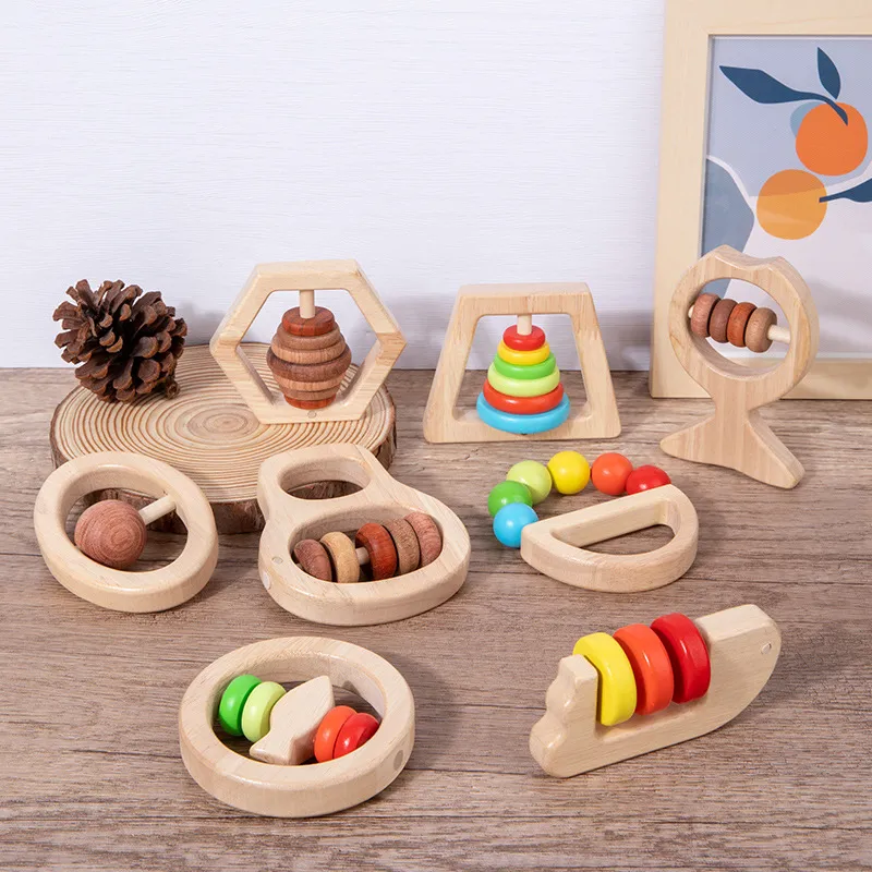 Wooden Teether Bells Wood Rattles Baby Hanging Teether Toys Beech Wooden Ring Silicone Beads Infant Rattle Wooden Baby Toys