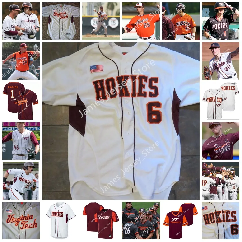 2022 NCAA Custom Virginia Tech Hokies Jersey de beisebol 32 Lucas Donlon 2 Sam Tackett 3 Christian Martin 4 Carson DeMartini 18 Warren Holzemer 10 Tyler Dean 5 Gehrig Ebel