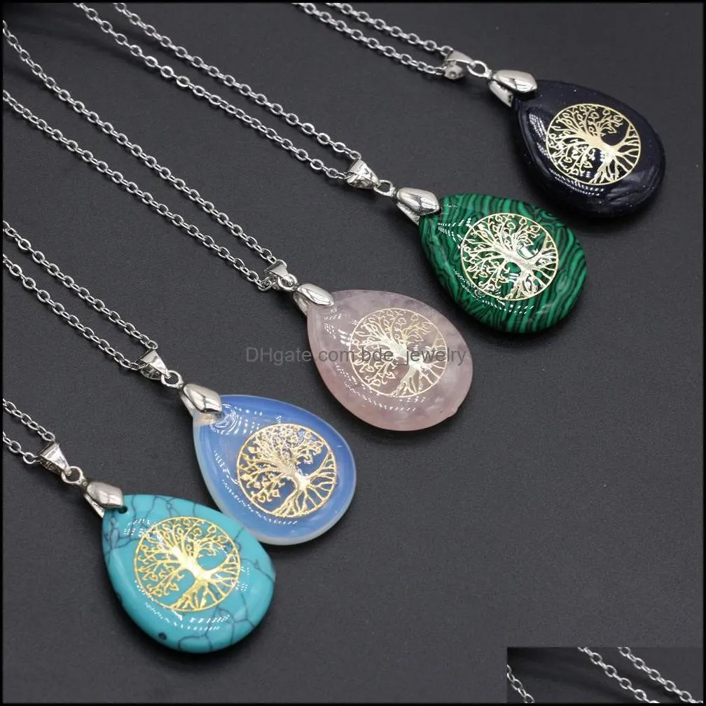 tree of life pattern reiki healing crystal pendant energy waterdrop stone quartz necklaces fashion women men jewelry wholesale