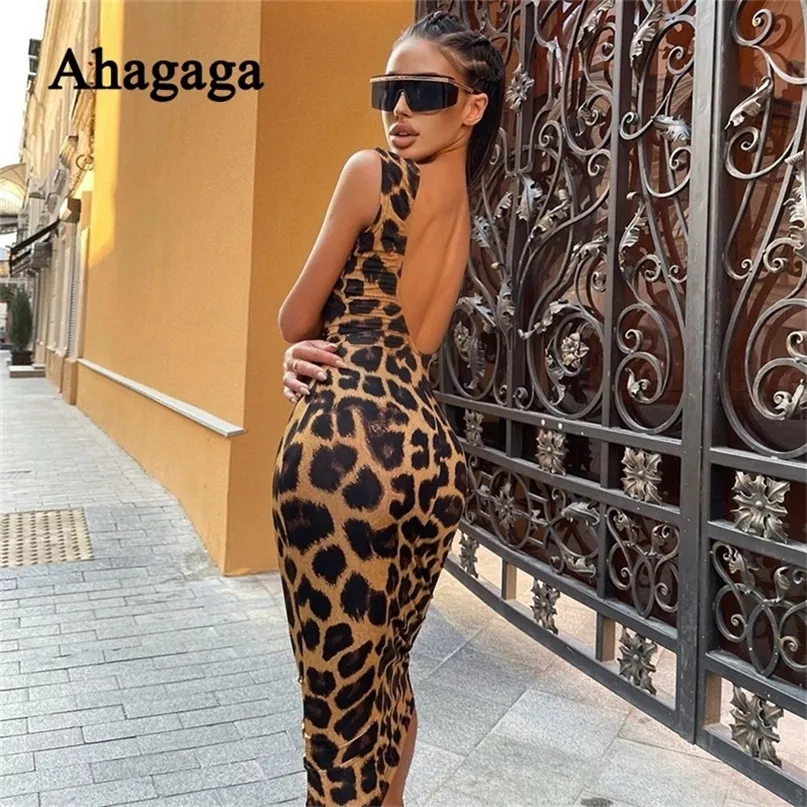 Ahagaga Sexy Leopard Print Dress Women Fashion Backless Bodycon Bodycon Prom vestido sem mangas Feminino Vestido Robe 220613