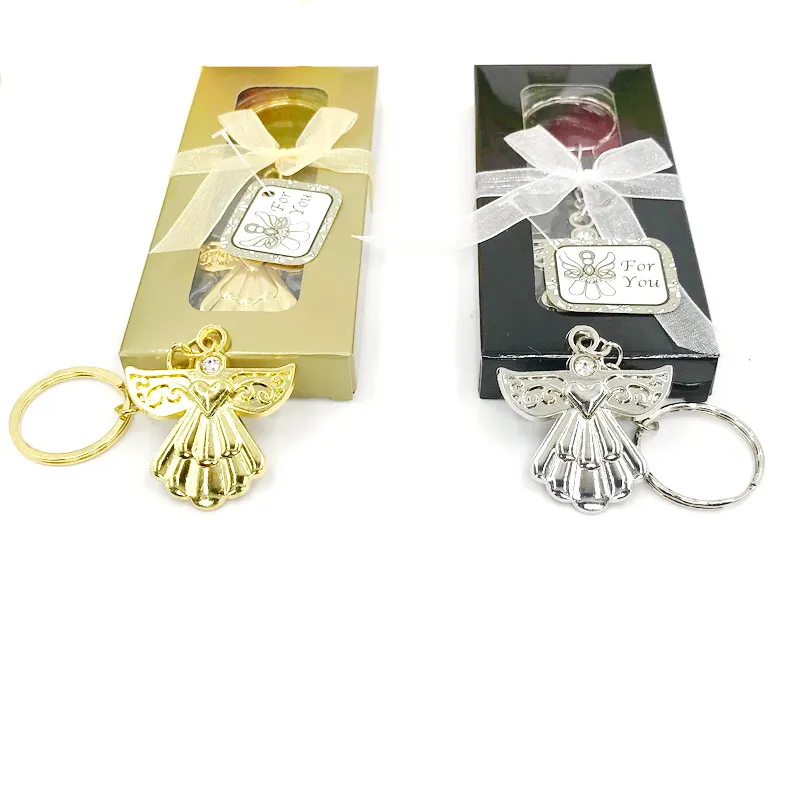 Festa de anivers￡rio de 50pcs Festa de anivers￡rio Gold/Silver Angel Key Chain na caixa de presente Favores de casamento Baby batismo batizando a primeira comunh￣o brindes