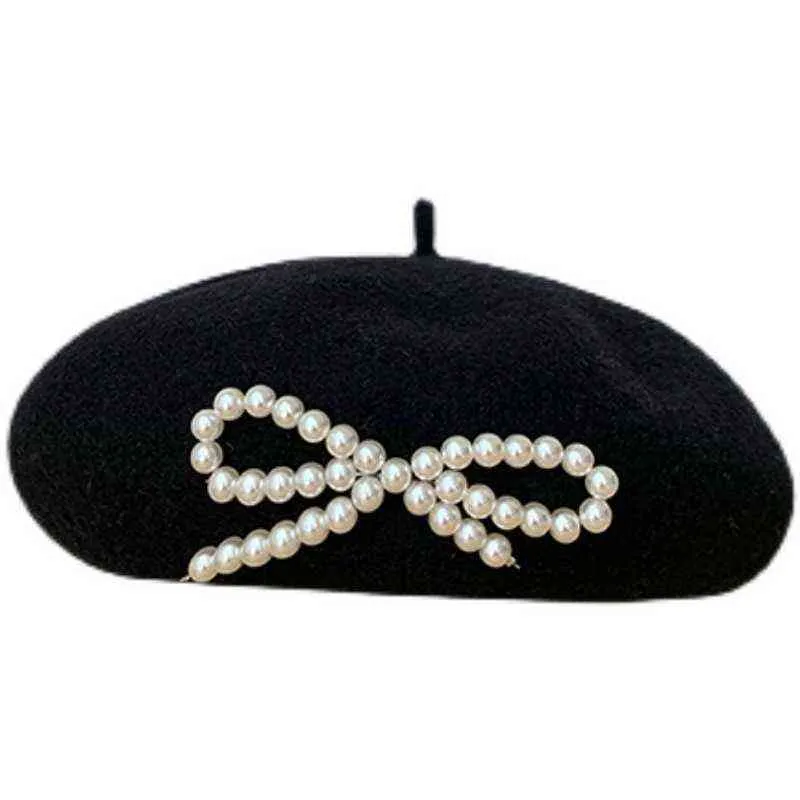 Women Winter Hat Francuski artysta ciepły wełnę Pearl Bow Solid Color Buret Girlstand Cap Zakonaktował Bennies Gorras Para Mujer J220722