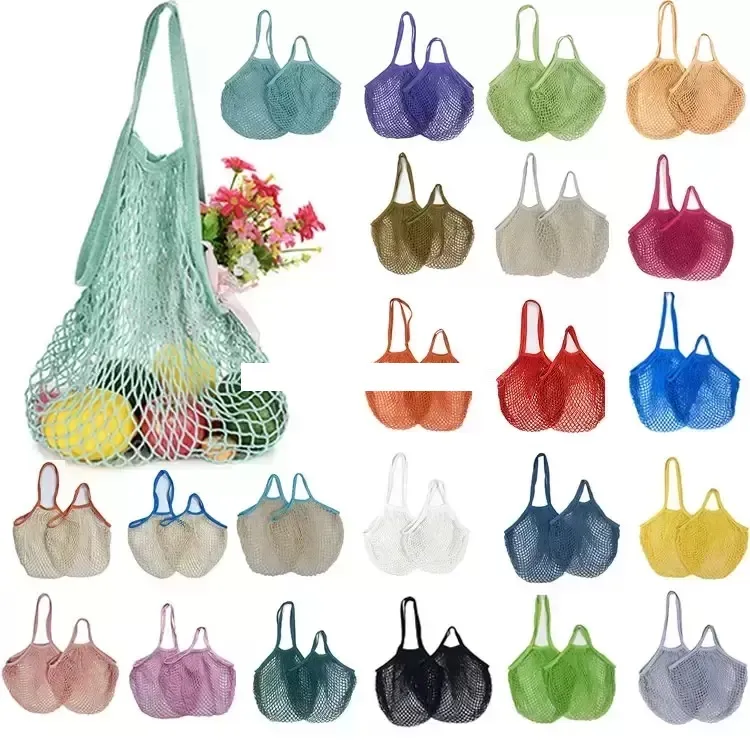 Borse a rete Lavabili Riutilizzabili in cotone Borsa a rete per generi alimentari Eco Market Tote per frutta verdura Organizzatore portatile con manici corti e lunghi