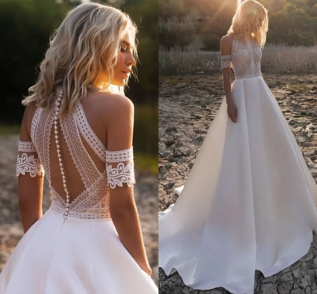 Boho Wedding Dress Halter Lace Bridal Gown, A-Line Satin, Illusion Back,  Beach Wedding Dresses, Affordable Bridal