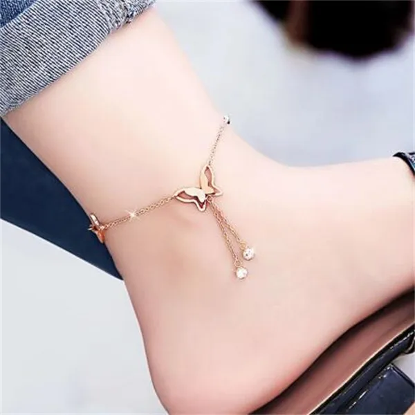 anklets with metal butterfly and rhinestone design Alloy Pendant Beach Anklet GC1084