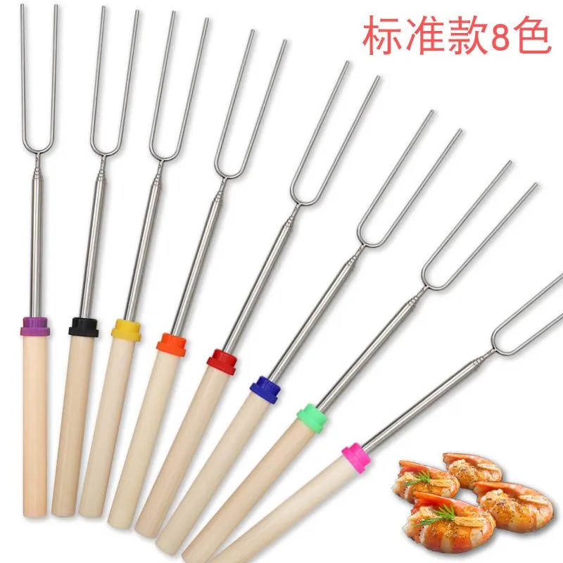 Stainless Steel Barbecue Fork BBQ Tools Stretch Roasting Spit UShape Wooden Handle HotDog Forks Outdoors 2 35cc Y2