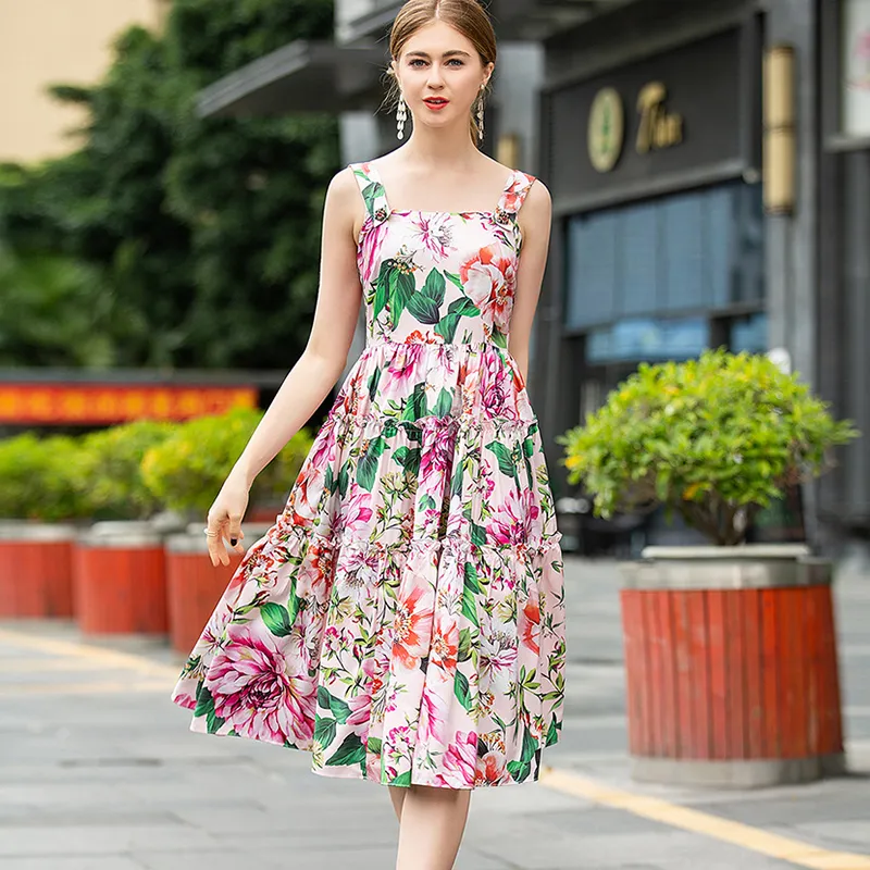 Women's Runway Dresses Spaghetti Straps Floral Printed High Street Tiered Fashion Holiday Dress