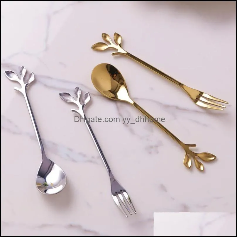 creative 304 stainless steel leaf coffee stirring dessert spoon fruit fork pick gold and silver two colors optional paf11183