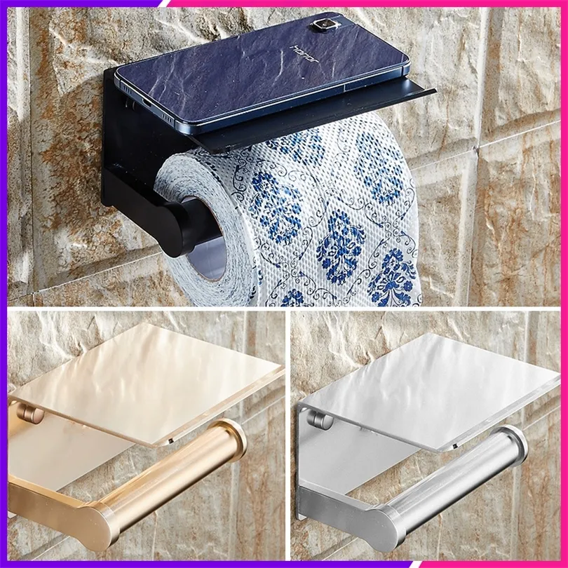 Porte-rouleau de papier toilette noir avec étagère de téléphone Plateau Rack Espace Porte-papier en aluminium Salle de bain Porte-serviettes en papier Accessoires de salle de bain T200425