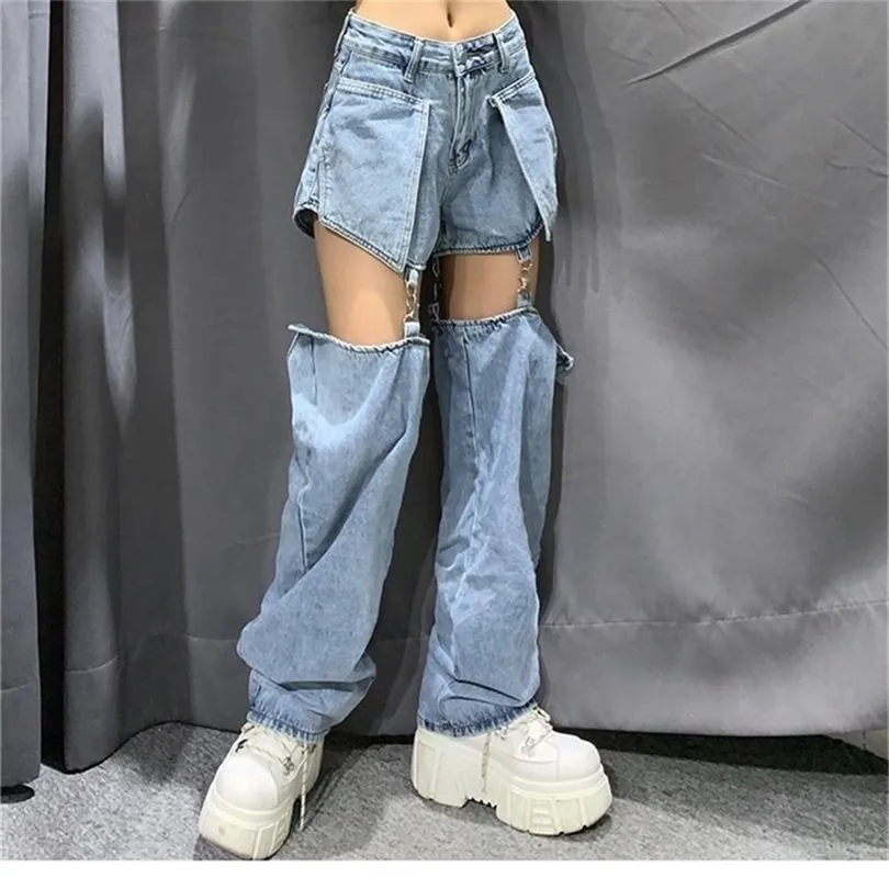 High Street Jeans Women Splice Wide Leg broek Hiphop Katoen losse retro keten Verwijderbare Cool Girls Dames denim broek Nieuw 201109