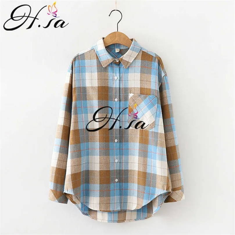 HSA Women Blauses Office Lady Cotton Oversize Shiers Plaid Tops Blue Long Sleeve Spring Summer Korean Fashion Shirts 210716