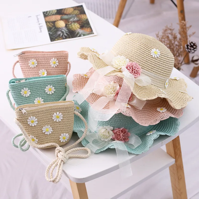 Mädchen Strohhüte Taschen Set Sommer Band Blume Strand Messenger Caps Mini Handtaschen Sonnenschirm Fischerhut Sonnencreme Gänseblümchen Chrysanthemenhut Münzgeldbörse Tote B8242