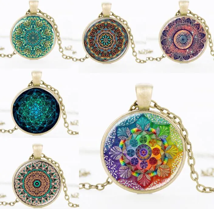 Mandala fleur de vie pendentif collier Vintage bouddhisme méditation Cabochon verre temps pierre collier pour femmes hommes bijoux de mode