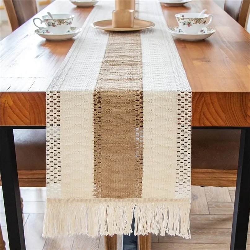 Cilected Cotton and Linen Splicing Tassel Table Runner for Wedding Banquet Farmhouse Decoration Beige Long Cloth 220615